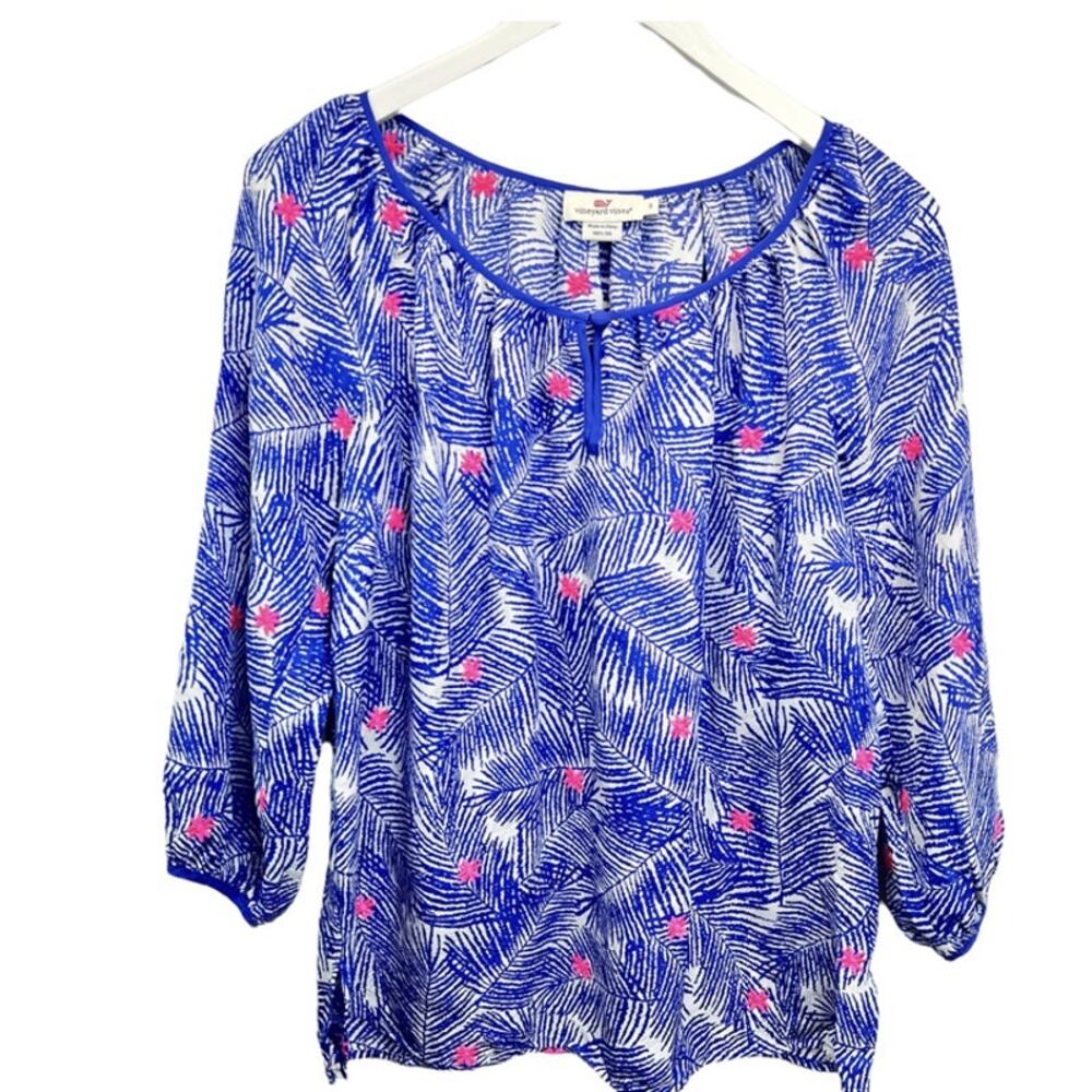 Vineyard Vines Silk Blouse Top Blue Pink Palm Print Long‎ Sleeve S Embroidered
